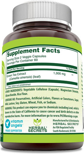 Amazing Nutrition Herbal Secrets Green Tea Extract 1000 Mg per Serving | Veggie Capsules Supplement | Non-GMO | Gluten- | Made in USA (1 Pack 120 Count)