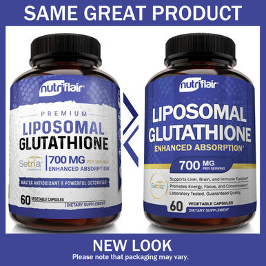 NutriFlair Liposomal Glutathione Setria 700mg - Pure Reduced, Stable, Active Form L Glutathione reductase (GSH), Enhanced Absorption - Non GMO Antioxidant, Detox, Cardiovascular, Brain, Immune Health