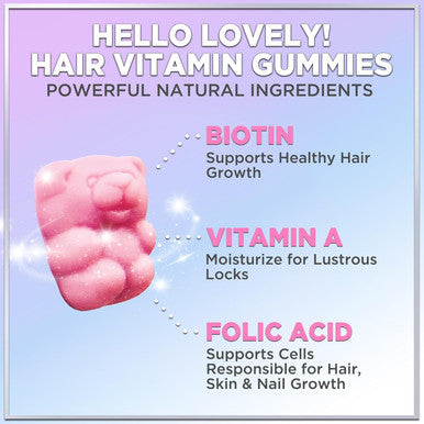 Hello Lovely Hair Vitamins Gummy With Biotin 5000 Mcg Vitamin E & C Support Hair Growth, Premium Vegetarian Non-Gmo, For Stronger Beautiful Hair, Skin & Nails Supplement - 60 Bear Gummies
