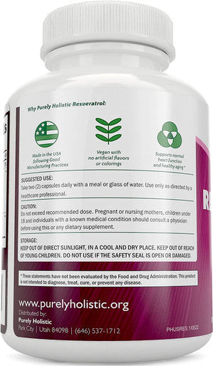 Purely Holistic Resveratrol 1450Mg, 90 Servings, Trans-Resveratrol Antioxidant Supplement With Vitamin C And Polyphenol Complex, 180 Vegan Capsules, Promotes Anti Aging & Cardiovascular Health
