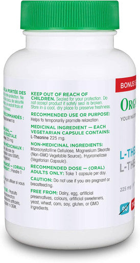 Organika L-Theanine Bonus Size 110 Vcaps-Relaxation Promotion, Stress Support, Pure Natural Source