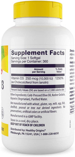 Healthy Origins Vitamin D3 10,000 IU (Non-GMO), 360 Softgels
