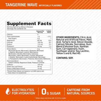 Optimum Nutrition Amino Energy Powder Plus Hydration With Bcaa Electrolytes And Caffeine Tangerine Wave 30 Servings (Packaging May Vary)