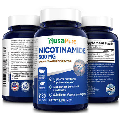 NusaPure Nicotinamide with Resveratrol (Vitamin B-3) 500 mg - 180 Vegetarian Caps (Non-GMO & Gluten-Free)