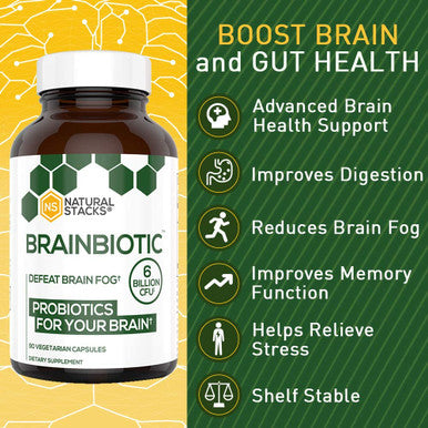 Natural Stacks: BrainBiotic - Brain Supplement - Gut-Brain Axis Optimizer - Contains Probiotics for Brain Health - Promotes Digestive Health - Enhances Memory Function - Stress Relief - 90 ct