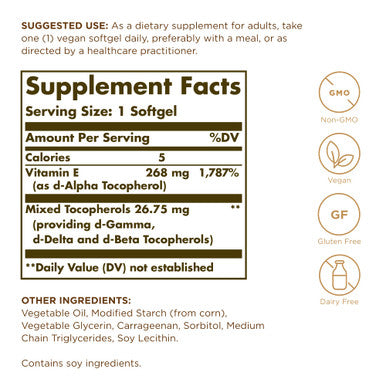 Solgar Vitamin E 268 Mg (400 Iu) - 100 Vegan Softgels - Naturally Sourced - Non-Gmo Gluten Free - 100 Servings