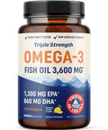 Triple Strength DHA Omega 3 Fish Oil 3600 mg Over 2100mg Omega-3 Fatty Acids with 860mg of DHA 1300mg EPA Best Essential Fatty Acids Premium Wild Caught & Burpless Fish Oil 120 Softgels
