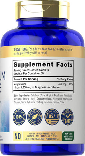 Carlyle Magnesium Citrate | 1800mg | 120 Coated Caplets | Vegetarian Non-GMO and Gluten Supplement