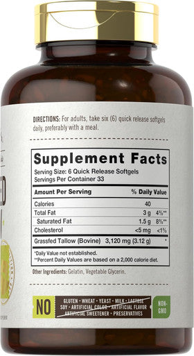 Carlyle Grass Fed Beef Tallow 3120mg | 200 Softgel Capsules | Pasture Raised Bovine Supplement | Non-GMO Gluten | by Herbage Farmstead