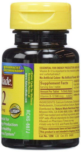 Nature Made Vitamin B12 500 Mcg. Tablets 100 Ct
