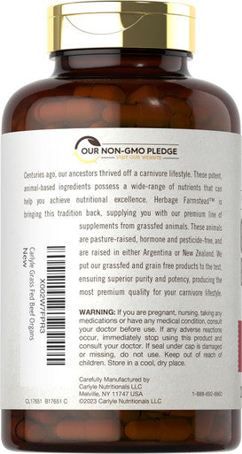 Carlyle Grass Fed Beef Organ Complex | 200 Capsules | Pasture Raised Grain Supplement | with Desiccated Liver Kidney Pancreas Heart Spleen | Non-GMO Gluten | by Herbage Farmstead