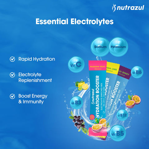 Nutrazul Hydration Booster 30 Sticks Supports Rapid Hydration Electrolyte Enriched Mix No Artificial Sweeteners Lemon Lime Flavour Vegan Gluten- Non-Gmo