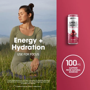 Optimum Nutrition Amino Energy Drink + Electrolytes For Hydration - Sugar Free Amino Acids Bcaa Keto Friendly Sparkling Drink - Juicy Cherry Pack Of 12 (Packaging May Vary)