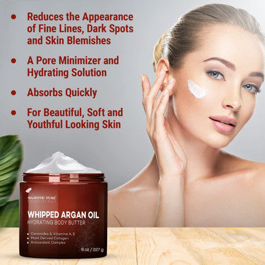MAJESTIC PURE Whipped Argan Oil Body Butter for Women & Men - With Ceramides, Vitamin E & A & Vegan Collagen - Whipped Body Butter Argan Oil For Skin, Face, & Appearance of Wrinkles & Fine Lines - 8oz