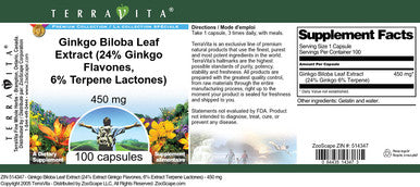 Terravita Ginkgo Biloba Leaf Extract (24% Ginkgo Flavones, 6% Terpene Lactones) - 450 Mg (100 Capsules, Zin: 514347)