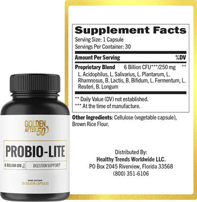 Golden After 50 ProbioLite Acid Reflux Relief and Probiotics for Men and Women 30 Gelatin Capsules 6 Billion CFU of Probiotics for Gut Health Support for Heartburn Gas Relief Indigestion