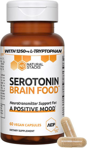 Natural Stacks Serotonin Brain Food W/L-Tryptophan & Rhodiola Rosea - Mood Support Supplement - Promotes Positive Mood, Calmness, Stress Relief - Happy Mood & Brain Support Supplement - 60 Capsules