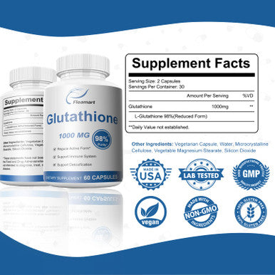 Fleamart Click to see full view Glutathione Supplement 98%+ Highly Purified and Bioavailable Skin Care & Detoxification L Glutathione 1000mg Immune & Liver Support Made in The USA 60 Capsules