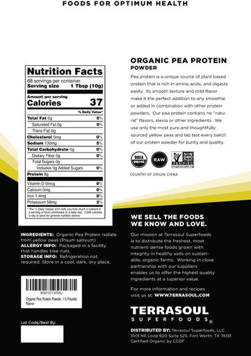 Terrasoul Superfoods Organic Pea Protein (Unflavored Smooth Texture) 1.5 Pounds