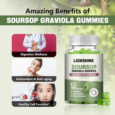 lickshine Soursop Graviola Gummies - 3000Mg Extra Strength Soursop Leaves Supplement With Vitamin C, Zinc - Digestive Aid, Immune Support & Antioxidant - Sugar-Free, Non-Gmo, Vegan, 60 Counts