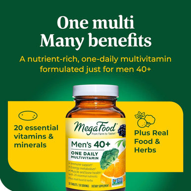 MegaFood Men'S 40+ One Daily Multivitamin For Men With Vitamin B Vitamin D3 Selenium Zinc & Real Food - Immune Support Energy Metabolism And Muscle & Bone Health Non Gmo; Vegetarian - 90 Tabs