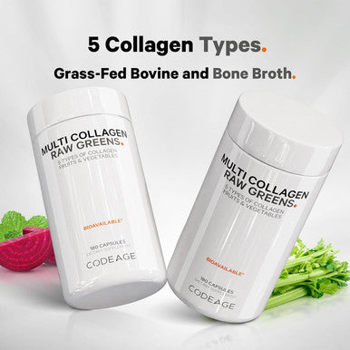 Codeage Multi Collagen Protein + Organic Raw Greens Superfood Capsules Supplement 21 Fruits & Veggies Grass-Fed Hydrolyzed Collagen Peptides 5 Types All-in-One 180 Count
