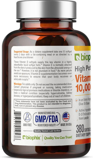 Biophix Vitamin D-3 10000 Iu 380 Softgels - High-Potency In Extra Virgin Olive Oil Non-Gmo Soy- Supports Strong Bones Immune Health