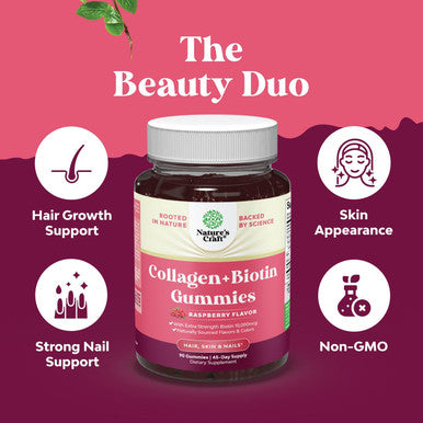 Natures Craft Hair Skin and Nails Gummies for Women - Extra Strength Biotin and Collagen Gummies for Women Hair Skin Nails Support - Non-GMO Kosher Marine Collagen and Biotin 10000mcg per serving Gummies (45 Days)