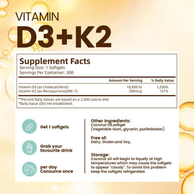 VivoNu Vitamin D3 K2 10000 IU with MK7-300 Virgin Coconut Oil Softgels, 2 in 1 Vitamins D and K Complex Vitamina D3 con K2 Supports Calcium Absorption Bone Immune and Heart Health Easy to Swallow