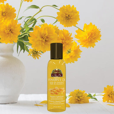 OKAY Vitamin E Blended Oil for Hair Skin Nail Excellent Moisturizer Prevents Fades Stretch Marks Repairs Split Ends Damaged Hair For All Hair Textures And All Skin Types Paraben Made in USA 2oz