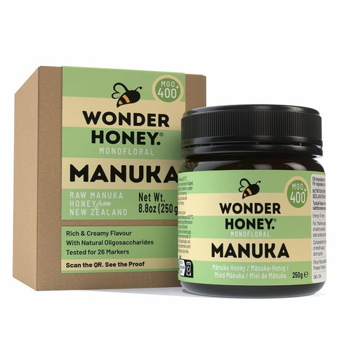 Wonder Honey Raw Manuka Honey New Zealand MGO400 (13+) Tested for 26 Markers, Traceable, Natural Soothing for Sore Throat, Cough - Aids Digestion - Triple Sealed for safety in a Protective Box (1.1lb)