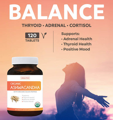 USDA Organic Ashwagandha 120 Tablets Vegetarian 1350mg Per Serve with Black Pepper Natural Adrenal Support Cortisol Thyroid Support Immune Support No Pills or Capsules