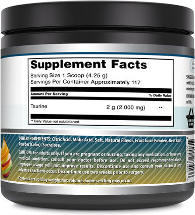 Amazing Nutrition Formulas Taurine 500 Grams (1.1 Lb) Powder Supplement | 2000 mg Per Serving | 111 Servings | Non-GMO | Gluten | Made in USA (Fruit Punch)