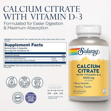 Solaray - Calcium Citrate with Vitamin D-3 Capsules, 1000mg, 180 Counts