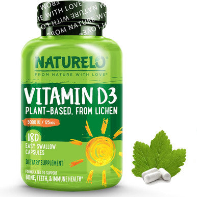 Naturelo Vitamin D - 5000 Iu - Plant Based From Lichen - Natural D3 Supplement For Immune System, Bone Support, Joint Health - High Potency - Vegan - Non-Gmo - Gluten - 180 Capsules