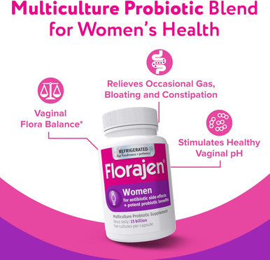 Florajen Women'S Vaginal Probiotics Provides Gut Health & Constipation Relief For Adults And Bloating Relief For Women 30 Capsules (Refrigerated)
