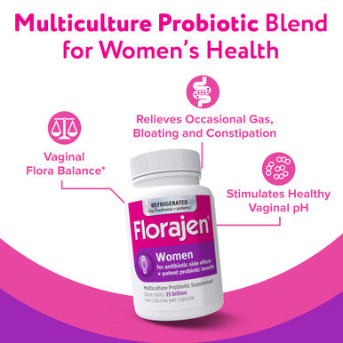 Florajen Women's Vaginal Probiotics, Provides Gut Health & Constipation Relief for Adults and Bloating Relief for Women 90 Capsules