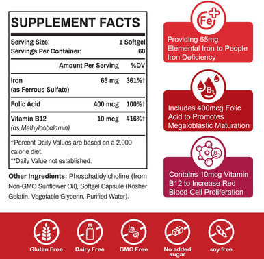 Liposomal Fe Iron Supplement For Women 65 Mg Iron Supplements With Folic Acid and Vitamin B12 For Men,Red Blood Cell Production,Energy Support For Adults Iron Deficiency 60 Softgels(1 Bottle)