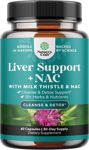 Natures Craft Liver Support Supplement with NAC - Herbal Liver Supplement with N Acetyl Cysteine Silymarin Milk Thistle Extract Dandelion Root Artichoke Extract Choline Bitartrate and Berberine for Liver Cleanse