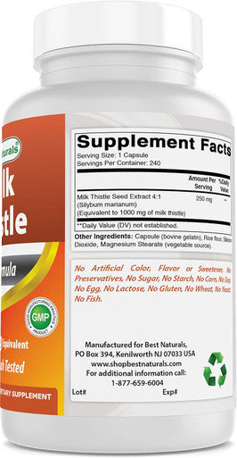 Best Naturals Milk Thistle Extract 1000mg Equivalent - 240 Capsules - Non-GMO & Gluten (240 Count (Pack of 1))