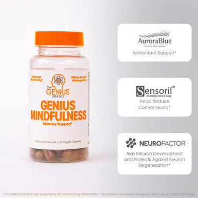 Genius Mindfulness Supplement, Nootropic Cognitive Brain Booster Enhances Memory, Focus & Energy - Calming Supplement with Ashwagan, NeuroFactor, & Blueberry Extract - 30 Veggie Capsules