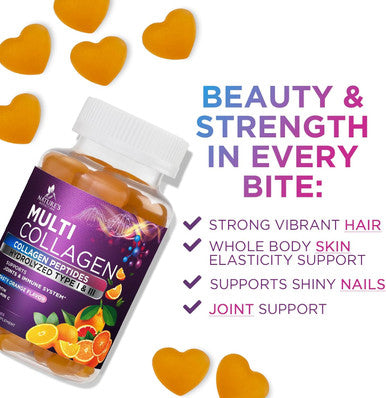 Collagen Gummies With 2500Mcg Biotin, Vitamin C & Zinc - Hydrolyzed Type 1 & 3 Collagen Peptides Supplement - Support For Hair, Skin, Nails & Joints - Gluten - Orange Flavored Gummy - 120 Count