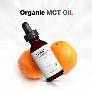 Codeage Liquid Vitamin E+ - USDA- Organic Vitamin E - 2-Month Supply - D-Alpha Tocopherol Acetate Organic MCT Oil Organic Orange Fruit Oil Unflavored Non-GMO Vegan Gluten- 2 fl oz