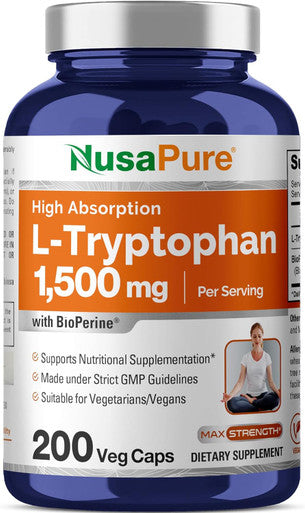 Nusapure L-Tryptophan 1500Mg 200 Vegetarian Caps (Non-Gmo Vegan) Bioperine
