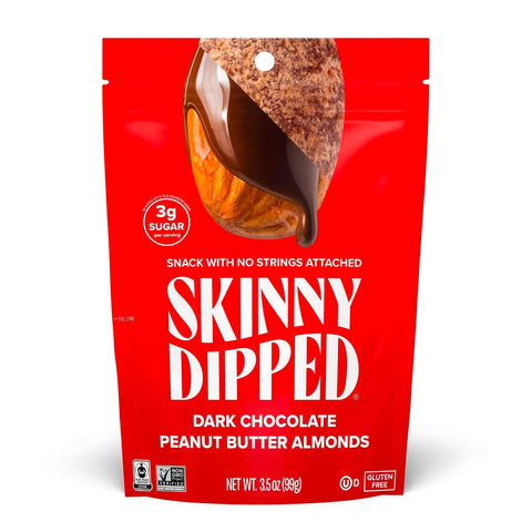 SkinnyDipped Dark Chocolate Cocoa Almonds, Healthy Snack, Plant Protein, Gluten Free, 3.5 Oz Resealable Bag, Pack of 1