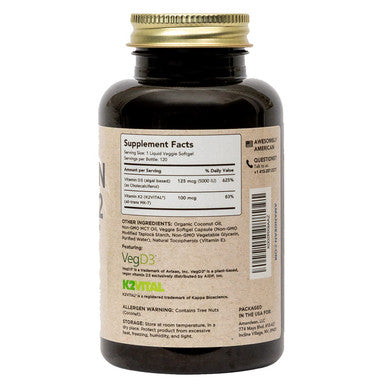 Amandean Vitamin D3 K2. Vegan D3 5000 iu from Algae. All- MK-7 K2. 120 Softgels. Plant-Based & Carrageenan Free. Organic Coconut Oil Blend. Vit D + K for Mood, Bones, Heart, Teeth, Immune Health.