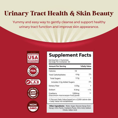 Natural Cranberry Gummies for Women and Men - Extra Strength Delicious Antioxidant Cranberry Chews 1000mg for Urinary Tract Health Kidney Support Bladder and Immunity - Vegan Gluten and Gelatin Free