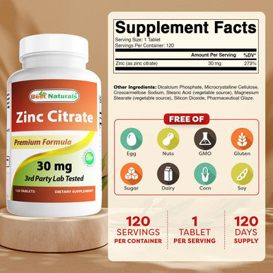 Best Naturals Zinc 30mg Supplements (as Zinc Citrate) - zinc Vitamins for Adults Immune Support - 120 Tablets (120 Count (Pack of 1))