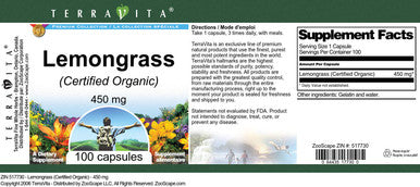 Terravita Lemongrass (Certified Organic) - 450 Mg (100 Capsules, Zin: 517730)