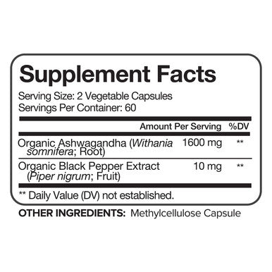 Nutrivein Organic Ashwagan Capsules 1600mg with Black Extract - 120 Vegan Pills - 100% Pure Root Powder Supplement - Supports Relief, Immune, Energy, Stamina & Mood
